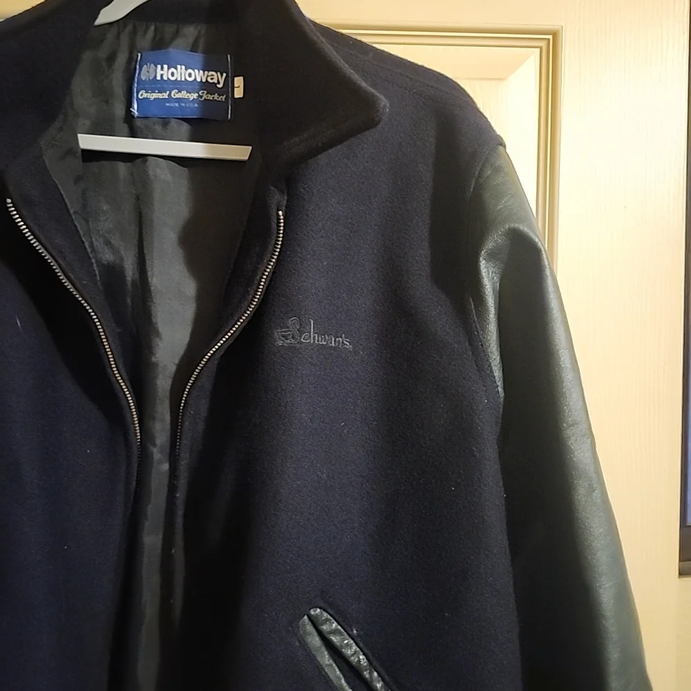 Holloway Black Navy Wool & Leather Bomber Jacket Varsity